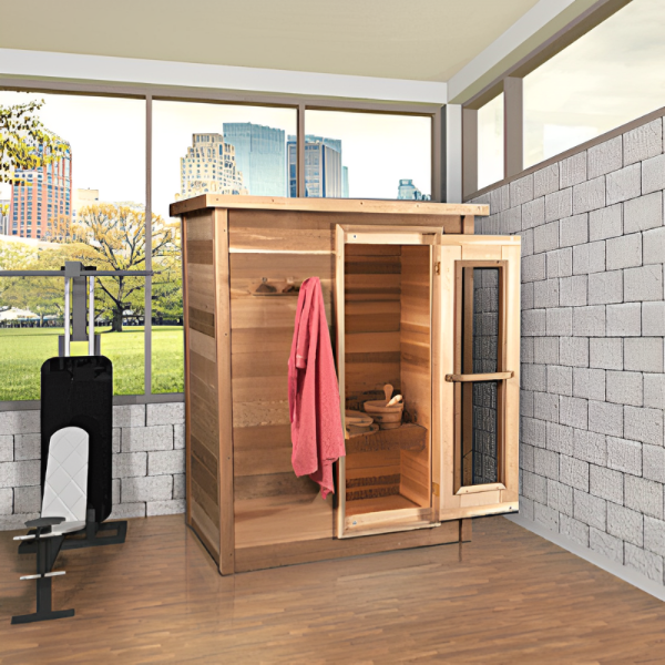 Knotty Cedar Indoor Cabin Sauna facing front