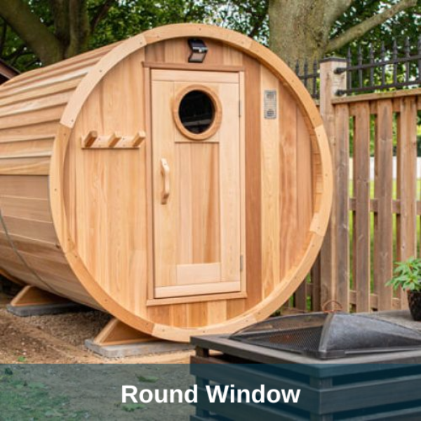 Dundalk LeisureCraft Knotty Cedar Barrel Saunas - Rouind Window Sideview