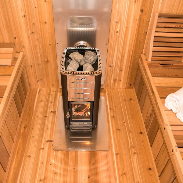 Dundalk Leisure Knotty Cedar Outdoor Luna Sauna inside view with heater